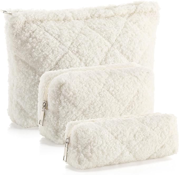 Paterr 3 Pcs Quilted Makeup Bag Set Small Bridesmaid Cosmetic Bag Aesthetic Travel Toiletry Pouch Cute Purse Pencil Case Makeup Storage Organizer for Women Birthday Gifts(Fuzzy,Cream White)