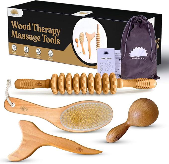 Wood Therapy Massage Tools 4 Pcs, Lymphatic Drainage Massager, Maderoterapia Kit, Anti Cellulite Complete Body Sculpting Tools for Total Relaxation & Relief (4 Pack)