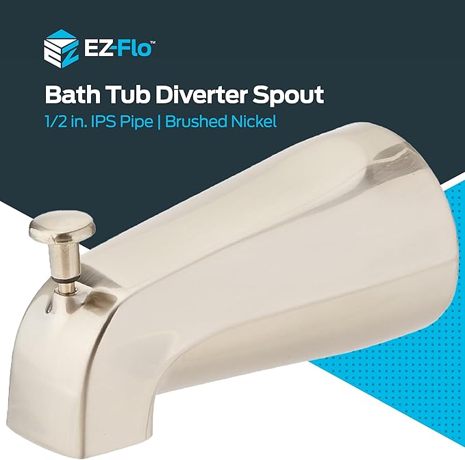 EZ-FLO 5 Inch Zinc Bath Tub Diverter Spout, 1/2 Inch IPS Pipe, Brushed Nickel, 15080