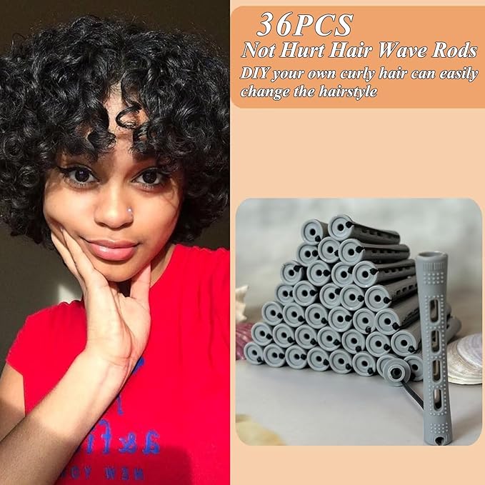Gray Perm Rods Set for Women - 36pcs Cold Wave Rods Plastic Hair Rollers for Short Long Hair Curling Rod with Rat Tail Comb(36pcs Gray)