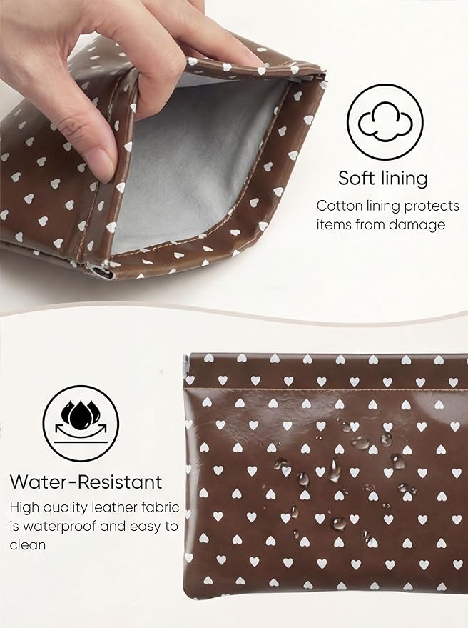 Hearts Leather Makeup Pouch Set for Women Small Make Up Bag for Purse Waterproof Initial Makeup Cosmetic Bags Pouches for Purse Aesthetic Travel Toiletry Bag,Coffee