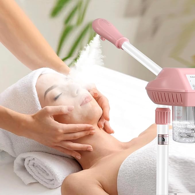 Face Steamer on Wheel Professional Ozone Face Steamer for Deep Facial Cleansing Pink
