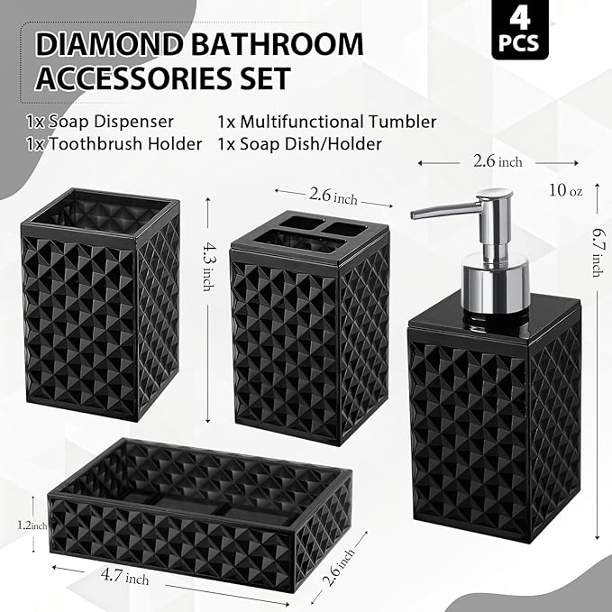 Black Bathroom Accessories Set, 4 Pack Matte Black Bath Accessory Sets Complete, Acrylic Soap Dispenser and Toothbrush Holder Set for Bathroom Counter Sink, Modern Bathroom Decor