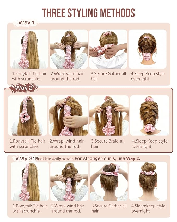 BONNET QUEEN Multi-function Satin Heatless Hair Curler & Hair Tie Non-Heating Hair Roller Curling Rod with Scrunchie, Large, Cream Pink(For Big Curls)