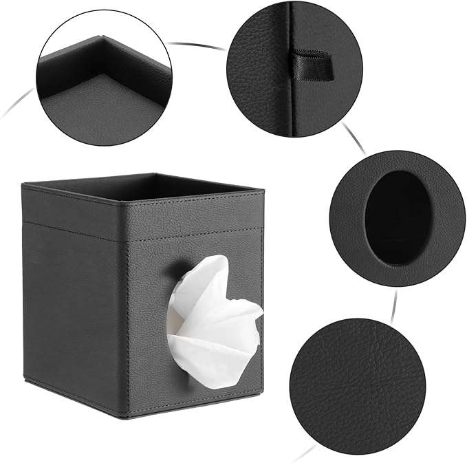 Sumnacon Square Tissue Box Cover with Storage Tray, Decorative Cube Tissue Holder PU Leather Facial Tissues Organizer Stylish Modern Tissue Dispenser for Bathroom Toilet Tank Vanity Dresser Table