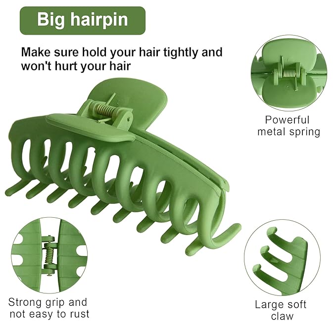2 Pack Big Hair Claw Clips Nonslip Large Claw Clip for Women and Girls Hair,Strong Hold Grips Hair Accessories 4 Inch (Green)