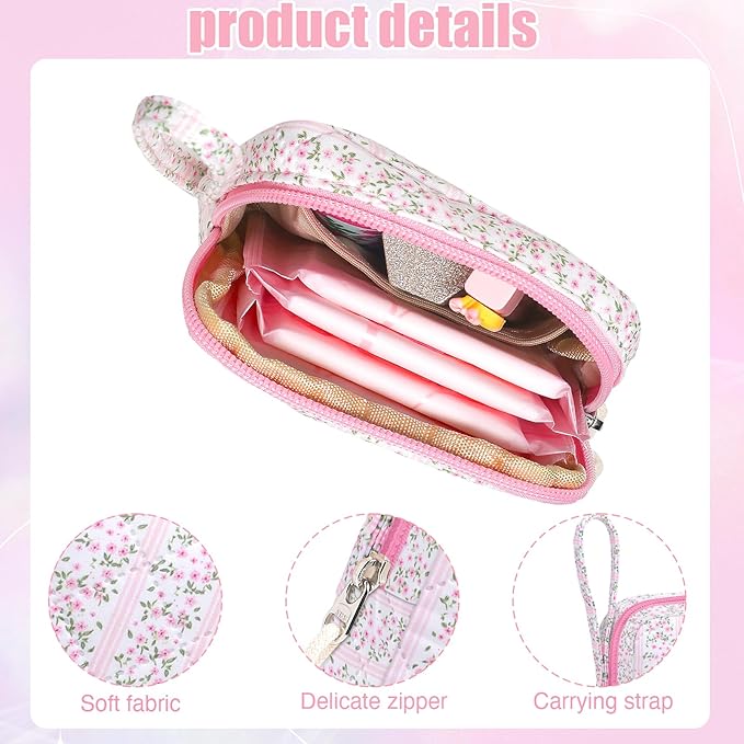 Small Makeup Bag | Discreet Period Bag Pad Pouch for Purse| Sanitary Napkin Storage & Tampon Holder for Travel (Cute flower pink)