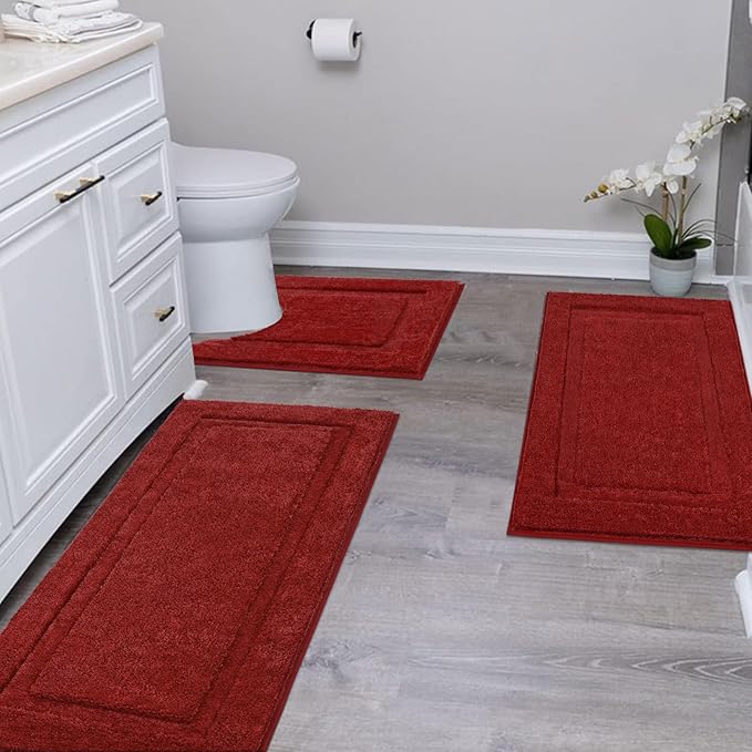 SHACOS Red Christmas Bathroom Rugs Sets 3 Piece, 20"x32" + 20"x47" Non Slip Bath Mat and 20"x24" Toilet Rugs U Shaped Washable, Soft Fluffy Water Absorbent Bathroom Floor Mat