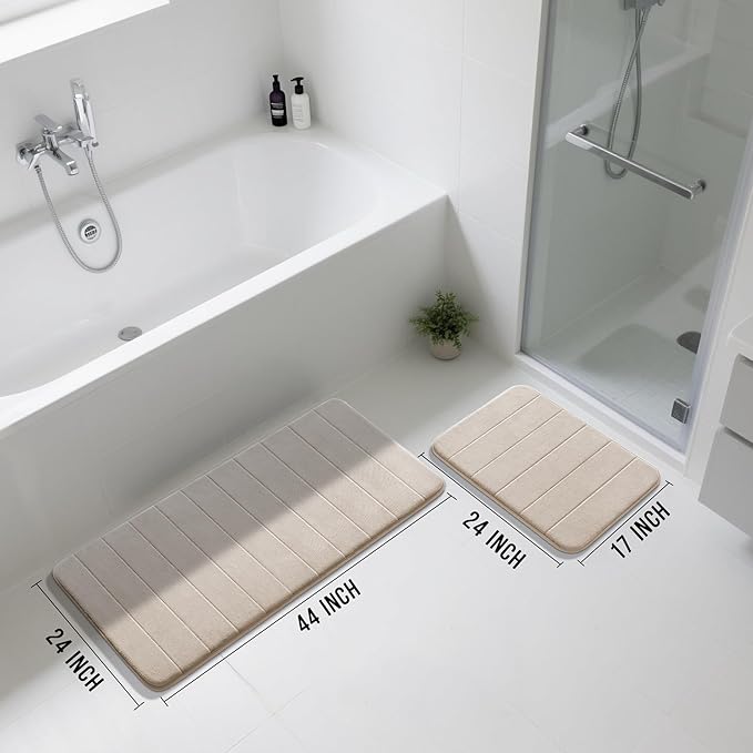 Yimobra Large Bath Mat Set 2 Piece- Super Soft Absorbent Quick Dry Memory Foam Bathroom Rugs, Machine Washable Non Slip Floor Carpet for Tub Shower & Double Vanity (17x24 & 44x24, Beige)