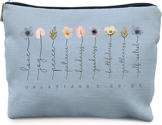 Christian Gifts Makeup Bag, Floral Christian Cosmetic Bags for Women, Galatians 5:22-23 Bible Verse Makeup Pouch（blue