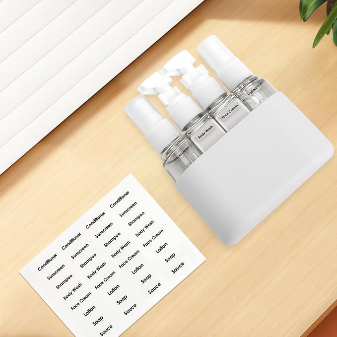Skycase Travel Bottles - Leak Proof Refillable Tsa Approved Travel Size Toiletries, 4 in 1 Liquid Bottles Containers with Labels and Funnel Airplane Accessories Kits for Lotion Liquid (Grey)