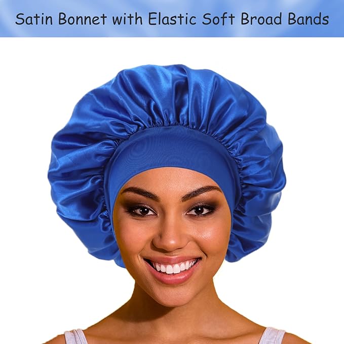 2 Pack Satin Silk Hair Bonnet for Sleeping Women, Sleep Bonnets for Women, Wide Soft Band Large Sleep Cap for Curly Hair Braids
