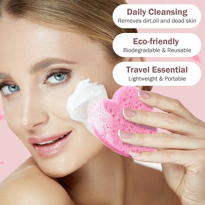 Dandat 300 Count Compressed Facial Sponges Heart Shape Face Sponges for Cleansing Natural Facial Exfoliating Pads for Estheticians(Pink)