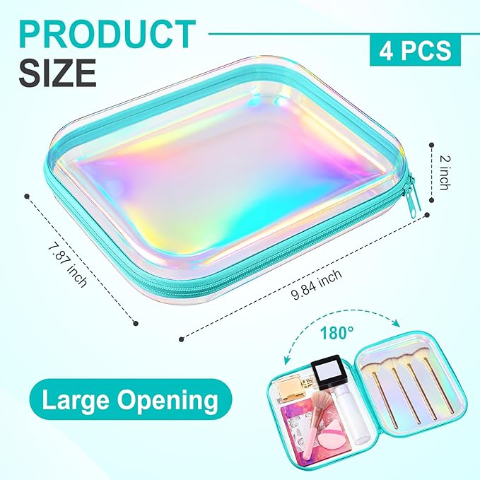 Hoolerry 4 Pcs Hard Clear Zipper Case Makeup Bags Plastic Zipper Pouch Transparent Storage Box Containers for Cosmetics, Snacks, Building Blocks, Puzzles(Clear,9.8 x 7.9 x 2 in,Blue Laser)