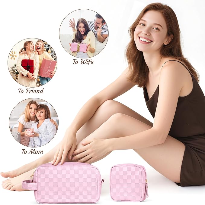 MAGEFY Makeup Bag, Checkered Travel Cosmetic Bag with Handle Leather Makeup Pouches for purse Make Up Bag Cute Makeup Bags for Women,Pink