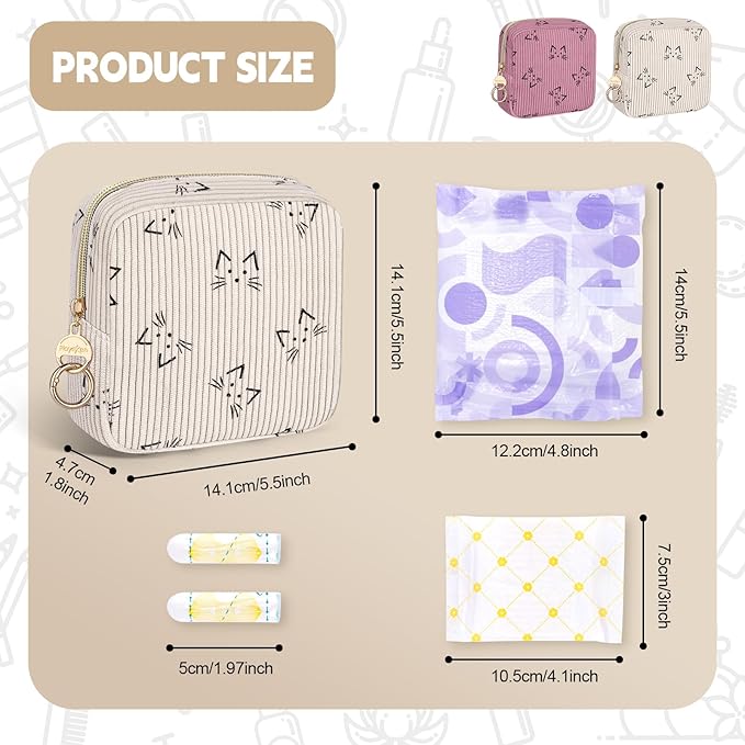 Period Bag for Teen Girls, Corduroy Cute Cats Sanitary Napkin Storage Bag, Menstrual Pad Pouches Tampon Holder for Purse (Beige-Cats)