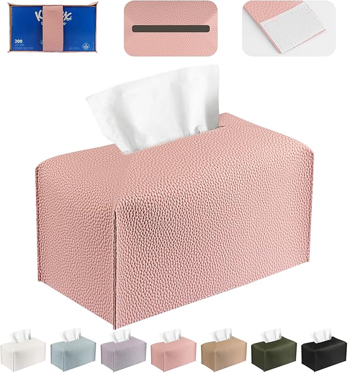Tissue Box Cover PU Leather Tissue Holder Rectangle Facial Tissue Case Tissue Box Organizer Dispenser for Bathroom, Kitchen, Home, Office, Tabletop (SoftPink, Short)