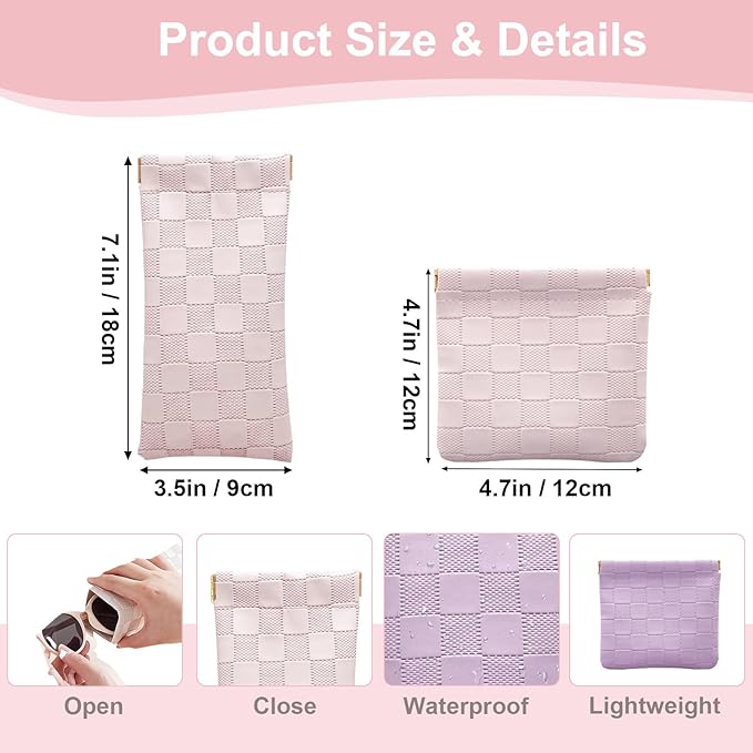 4Pcs Small Makeup Bag for Purse, Mini Checkered Leather Purse Pouches for Purse Small Makeup Pouch Small Coin Purse Organizer Pouches, Portable No Zipper Pocket Cosmetic Bag for Women (Pink, Purple)