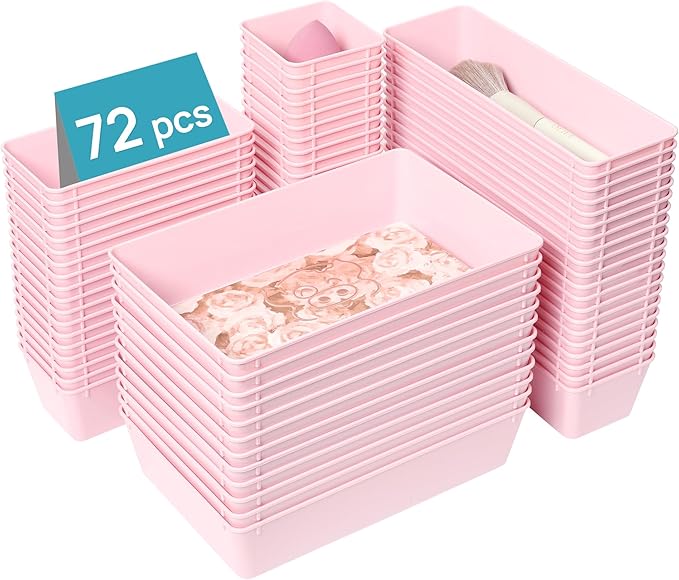 Vtopmart 72 PCS Plastic Drawer Organizers Set, 4-Size Versatile Bathroom and Vanity Organizer Trays, Non-Slip Storage Bins for Makeup, Jewelries, Kitchen Utensils and Office Desk, Pink | 72 PCS, 4-Size, Versatile, Non-Slip