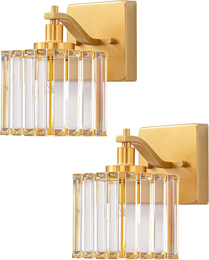 EDISHINE Hardwired Bathroom Vanity Light, Modern Bathroom Lighting Fixtures Over Mirror, Wall Sconces Set of Two with Crystal Shade, Bath Lamp for Living Room, Bedroom, Powder Room, E26 Base, Gold