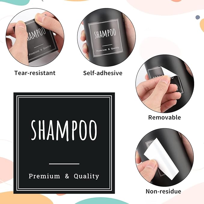Segbeauty Soap Dispenser Labels, 18pcs Bathroom Waterproof Labels for Bottles, Black Removable Self-Adhesive Cleaning Bottle Label Stickers Printed with Shampoo Conditioner Body Soap