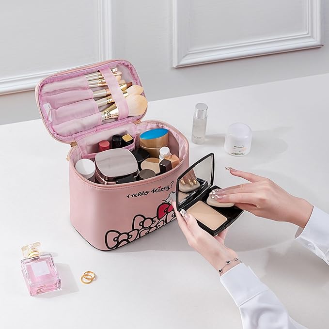 Vimanllie Makeup Bag Large Capacity Waterproof Cosmetic Bag with Dedicated Brush Holder,Cute Printed Makeup Organizer for Women Traveling,Portable Toiletry Bag for Girls