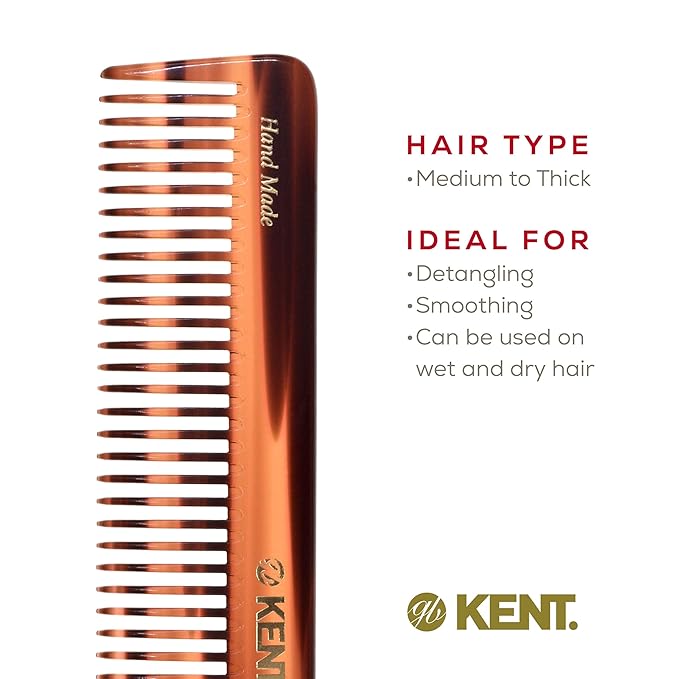 Kent 92T Tortoise Wide Tooth Detangler Combs for Men and Women, Hair Comb for Curly and Wavy Hair and Wet or Dry, Large Wide Tooth Dressing Comb, Handmade, Saw-Cut, Hand polished, Made in England
