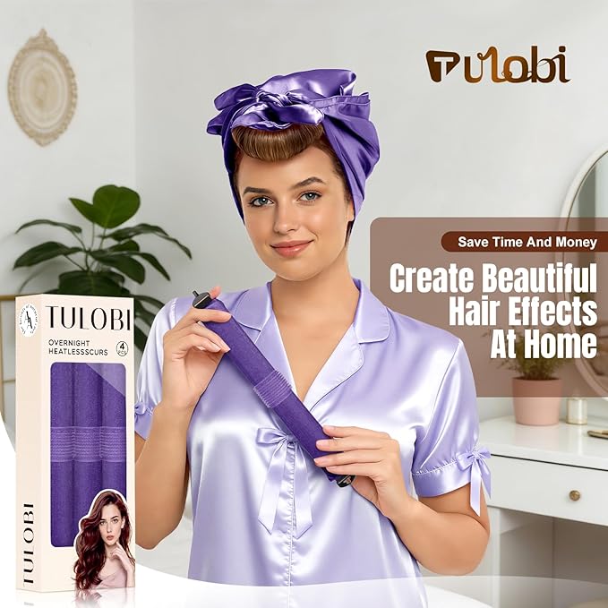 TULOBI 3 Pcs Heatless Curls Overnight - Upgraded Velvet Heatless Hair Curler with Velcro Fastener, Overnight Jumbo Blowout Rods, Hair Curlers to Sleep in for All Hair Types (Purple)