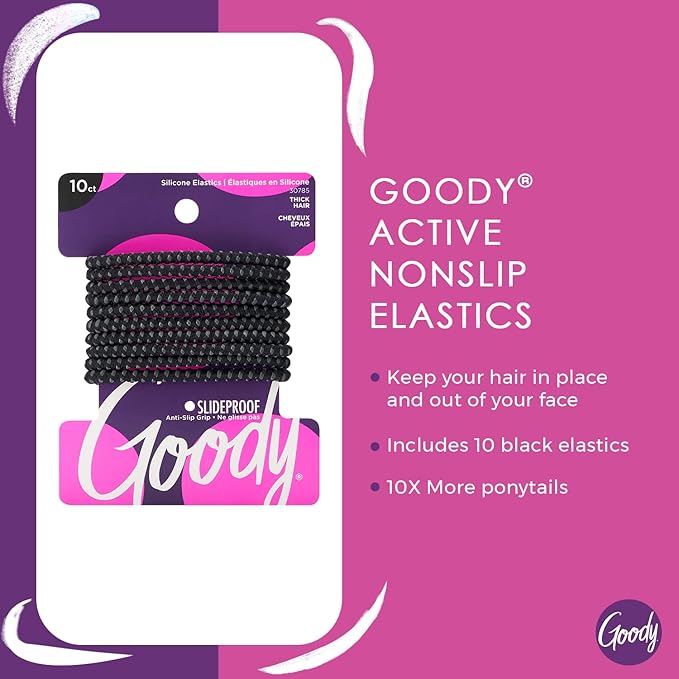 Goody Nonslip Womens Elastic Hair Tie Black - 4MM for Medium Hair- Ouchless Pain-Free Hair Accessories for Women Perfect for Long Lasting Braids, Ponytails and More, 10 Count (Pack of 1)