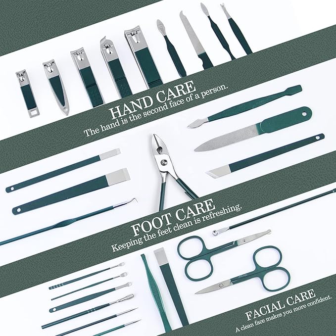 WOAMA 30-Piece Pedicure Kit Manicure Tools Nail Clipper Set with Green Travel Case for Home, Workplace, Gift, Beauty Salon