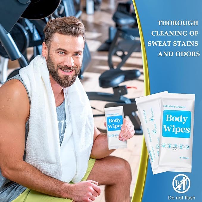 300 Pcs 60 Pack Body Wipes for Adults Bathing No Rinse Individually Wrapped Shower Wipes Washcloth with Aloe Cleansing Body Wash Cloths Disposable Bulk Deodorant Homeless(White Background)