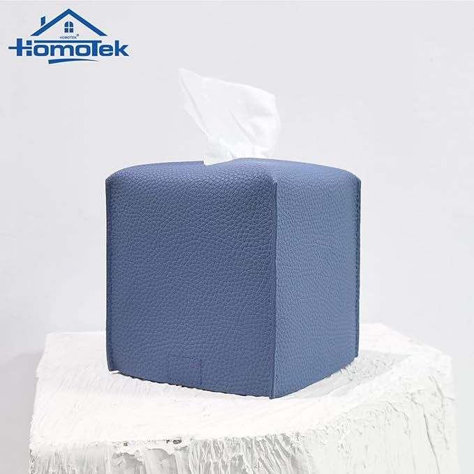 HOMOTEK 2 Pack Tissue Box Cover, Square PU Leather Tissue Holder, Decorative Facial Tissue Cube Paper Organizer Dispenser for Bathroom, Night Stands, Desk, Car 5X5X5'' - Haze Blue, Pebble Grain