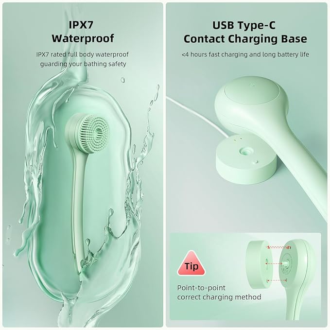 Electric Body Brush Back Scrubber for Shower, Waterproof Long Dual Handle Body Scrubber with 3 Heads, Bath Brush & 2 Speeds, for Cleansing, Exfoliating and Massaging Skin, Pale Cypress Green