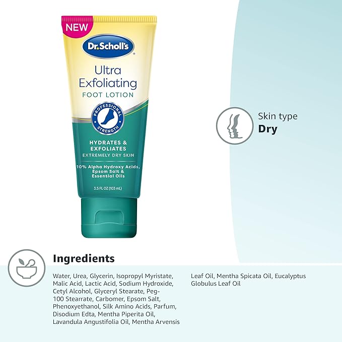 Dr Scholl's Dry, Flaky Skin Remover Ultra Exfoliating Foot Lotion with Urea for Rough Dry Cracked Feet, Heal and Moisturize for Healthy Looking Feet, Intensive Foot Care, Alpha Hydroxy Acids, 3.5 oz