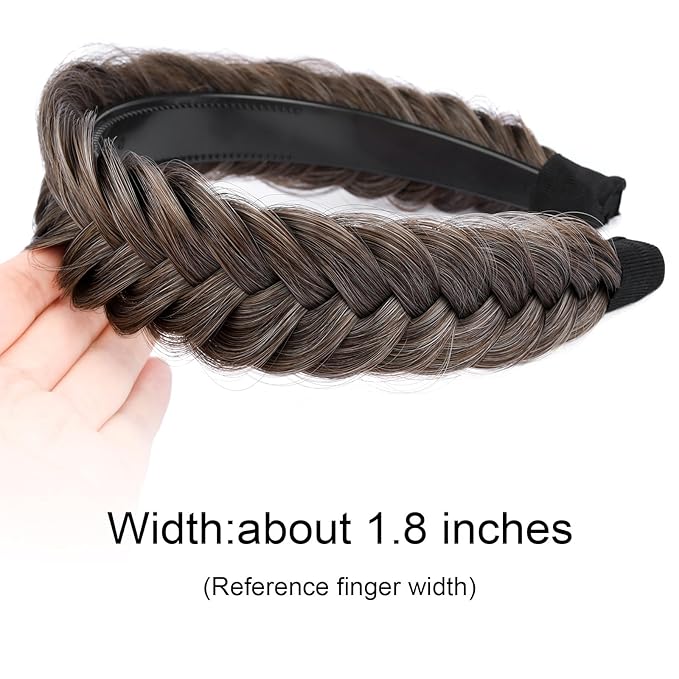 DIGUAN Wide Messy Braided Headband With Teeth Synthetic Hair Plaited Headband High Elasticity Braids Chunky Fishtail Braided Hair Band Hairpiece for Girls Women (Grayish brown)