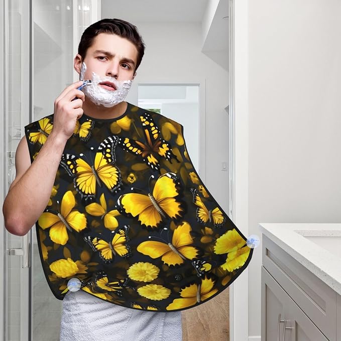Yellow Flowers Butterflies Print Beard Bib Shaving Apron, Beard Hair Trimming Cape Gift For Dad