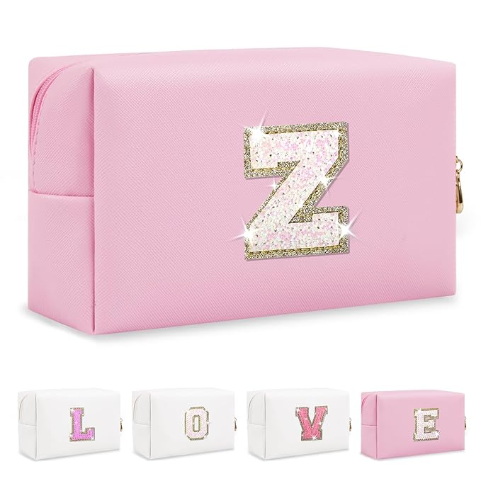 Small Personalized Initial A-Z Patch Makeup Bag,Pink Cute PU Leather Glitter Letter Cosmetic Bag for Teen Girls,Travel Toiletry Bag with Zipper,Preppy Monogrammed Birthday Gift for Daughter Niece Z