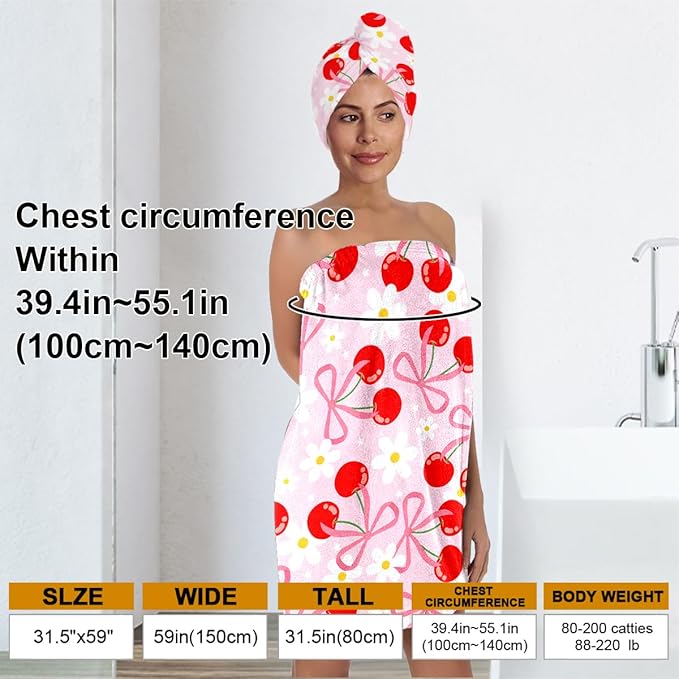 Cherry Bath Wrap with Matching Hair Drying Cap – Soft Microfiber Lightweight Shower Towel Skirt Set for Women, Girls, Spa and Travel (Cherry 6)