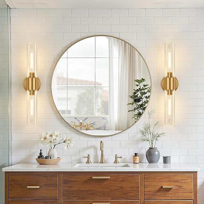 Wall Sconces Set of Two, Brushed Gold Bathroom Sconces Wall Lighting with Clear Glass, Hardwired Modern Sconces Wall Decor Set of 2 for Bathroom Mirror Bedroom Living Room Hallway