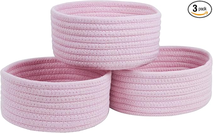 Small Storage Basket, Set of 3 Woven Baskets, Cotton Rope Small Baskets for Organizing, Cute Mini Tiny Round Basket, Bathroom Organization Bin (Pink)
