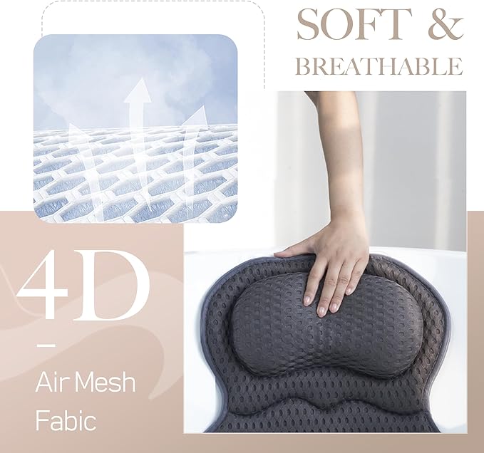 Bath Pillows for Tub Luxury, Bath Pillow for Head and Neck, Fit Bathtub Hot Tub Relaxing Gifts for Women, Comfort 4D Air Mesh Fabric & 6 Non-Slip Suction Cups (Gray)