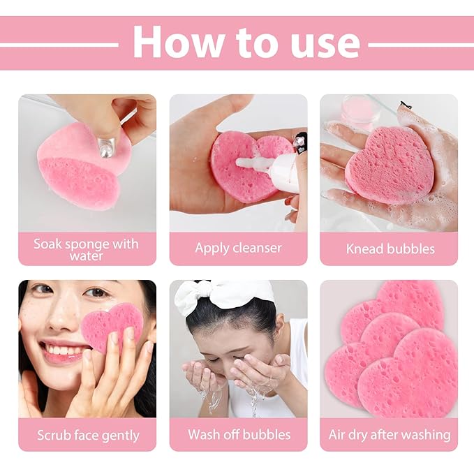 60-Count Compressed Facial Sponges With Container, Heart Shape Face Sponge, 100% Natural Pads for Cleansing, Massage, Pore Exfoliating Mask, Makeup Removal (Pink)