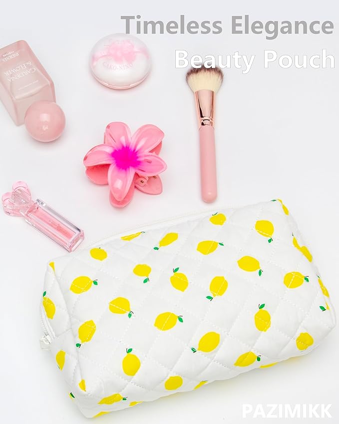 PAZIMIIK Vintage Quilted Makeup Bag Cosmetic Pouch for Brushes Pencils and Travel Make Up Accessories for Women and Girls Lemon White