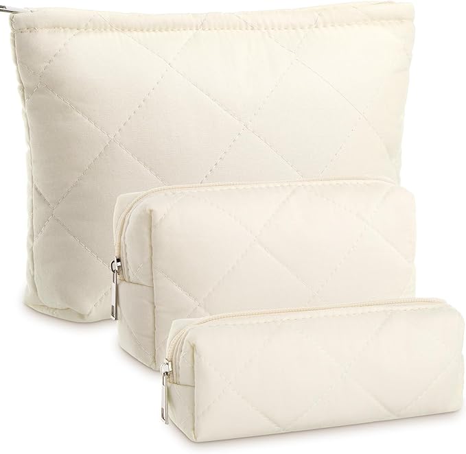 Paterr 3 Pcs Quilted Makeup Bag Set Small Bridesmaid Cosmetic Bag Aesthetic Travel Toiletry Pouch Cute Purse Pencil Case Makeup Storage Organizer for Women Birthday Gifts(Cotton,Beige)