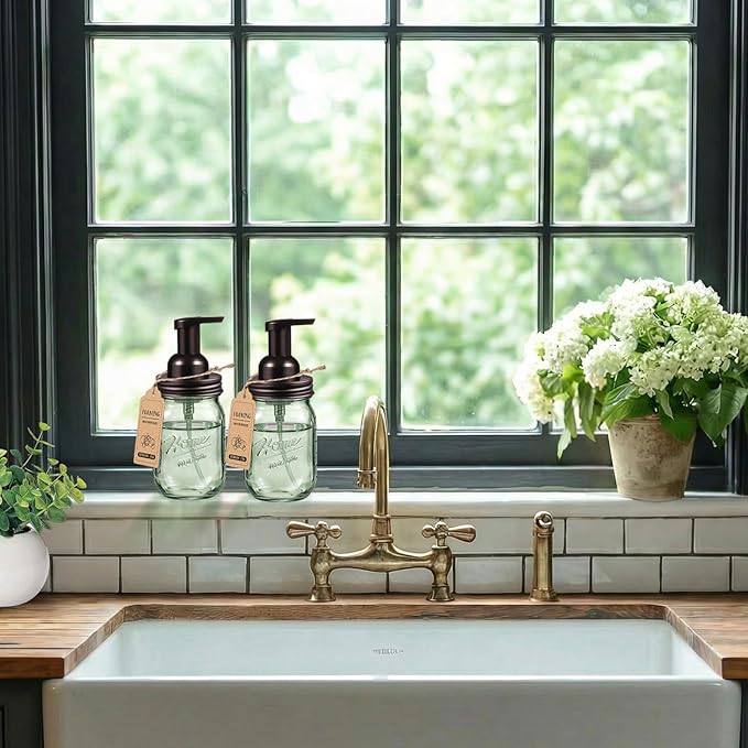 SheeChung Mason Jar Foaming Soap Dispenser, Stainless Steel Lid, Green Glass Foam Hand Soap Dispenser, 16 Oz Refillable Liquid Foam Dispenser Bottle for Bathroom Kitchen, Dish Soap-Bronze, 2 Pack