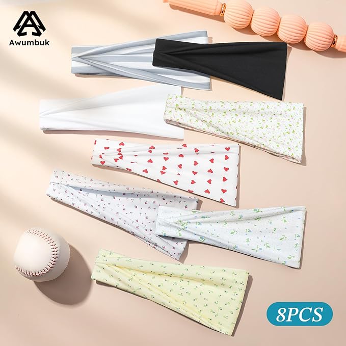 Headbands for Women, 8 Pack Non-Slip Moisture Wicking Sports Wide Head Bands, Stretchy Elastic Fabric, Multiple Colors Securing Hair for Fashion, Sports, Yoga, Running, Daily Life