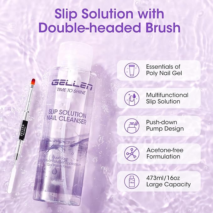 Gellen 473ml/16oz Slip Solution for Polygel Nails with Nail Brush, Pump Bottle Design Polygel Solution, Anti-stick Liquid for Poly Extension Gel & Nail Cleanser in a Bottle, Home Salon Cleaning Liquid