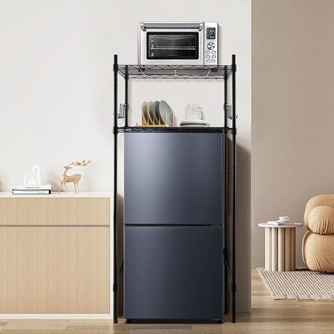 Sararoom Mini Fridge Shelf with Storage, 2-Tier Height Adjustable Mini Fridge Stand, Microwave Stand Multifunctional Rack with 4 Castor Wheel for Dorm Kitchen Office, 52” H x 24” W x 18” D, Black