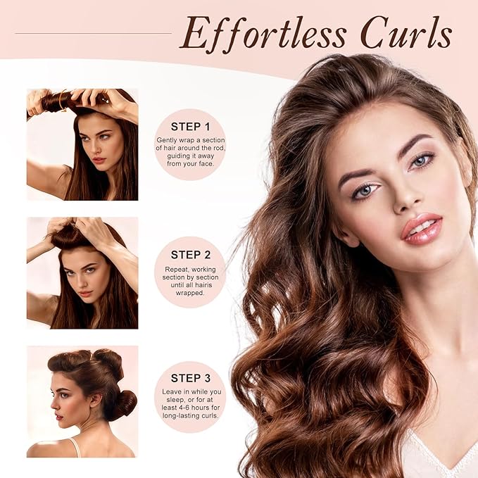Heatless Curlers, Heatless Curls Overnight Set for Women, Soft Hair Curlers to Sleep In, Jumbo No Heat Hair Curlers Set with Headscarf and Hook for Long Hair - 6Pcs Rose-Red