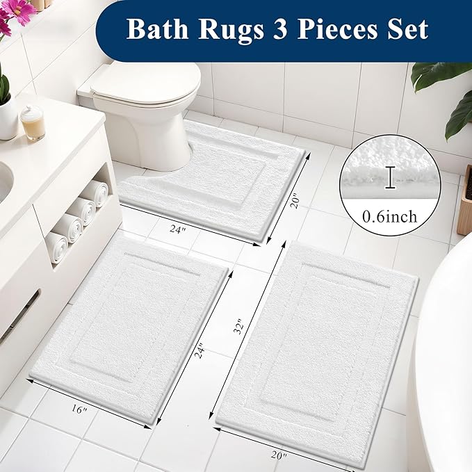 SHACOS White Bathroom Rugs Sets 3 Piece, 16"x24" + 20"x32" Non Slip Bath Mat and 20"x24" Toilet Rugs U Shaped Washable, Soft Fluffy Water Absorbent Bath Rugs for Bathroom